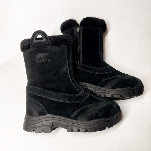 Sorel Waterfall Slip 2 Black Suede Fleece Lined Boots Women Size 7 Waterproof - Picture 1 of 6